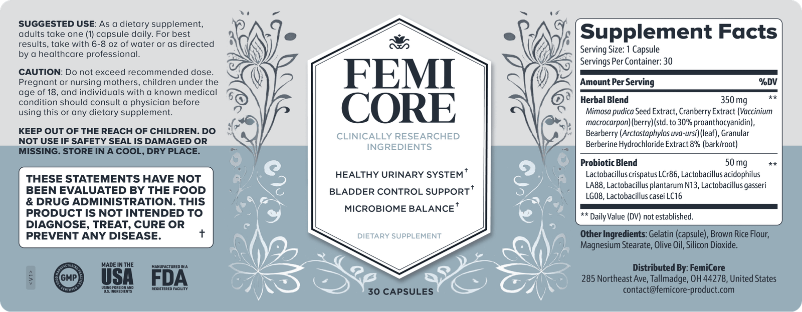 FemiCore Supplement Facts panel